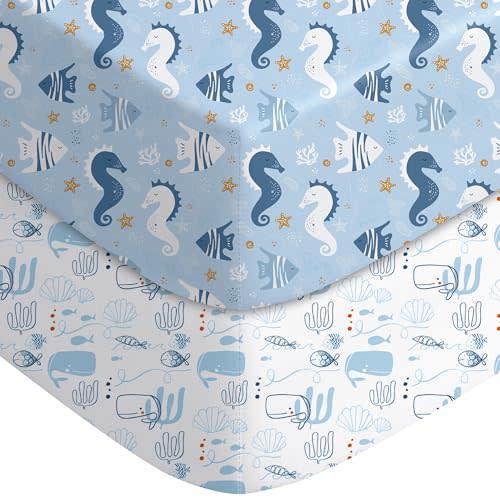Yoofoss Baby Crib Sheets for Boys Girls, Fitted Crib Sheet 2 Pack for Standard Crib and Toddler Mattress, Super Soft Microfiber Baby Sheet 28x52x8in Underwater World