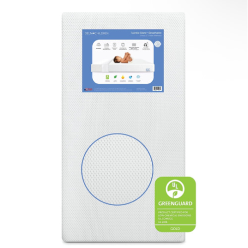 Delta Children Twinkle Stars Crib and Toddler Mattress with Breathable, Removable Machine-Washable Cover - GREENGUARD Gold - Waterproof Baby Bed - Sustainably Sourced Fiber Core - 52”Lx27.5”W, White