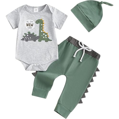 Newborn Infant Baby Boy Outfits Long Sleeves Dinosaur Romper Drawstring Plaid Pants with Hat Clothe Set
