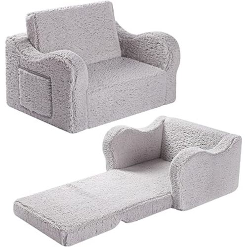 Kids Chairs for Toddler, 2-in-1 Toddler Soft Sherpa Couch Fold Out, Convertible Sofa to Lounger for Girls and Boys, Grey