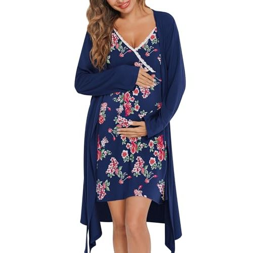 SWOMOG Womens Maternity Robe 2 Piece Nursing Nightgown for Breastfeeding 3 in 1 Labor Delivery Nursing Dress Lace Bathrobe