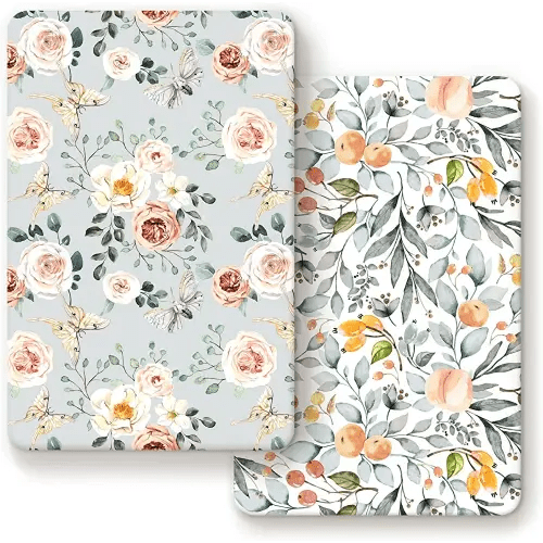 Stretchy Ultra Soft Jersey Knit Fitted Pack n Play Sheets Set 2 Pack, Portable/Mini Crib Sheets for Girls, Watercolor Flowers and Fruits