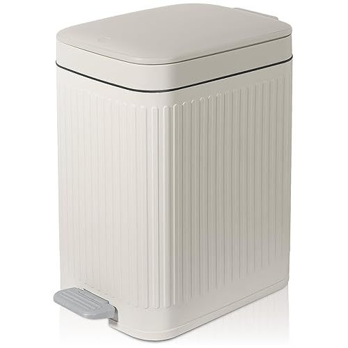 rejomiik Small Bathroom Trash Can with Lid Slim Soft Close Garbage Can Step Wastebasket Container Trash Bin for Office Bedroom Kitchen Living Room (1.9 Gallon Cream)