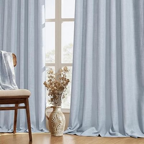MIULEE Thick Linen Curtains 96 Inches Long Light Blue Semi Sheer for Farmhouse/Living Room/Bedroom, Linen Textured Light Filtering Window Privacy Drapes with Back Tab Rod Pocket, 42Wx96L, Set of 2