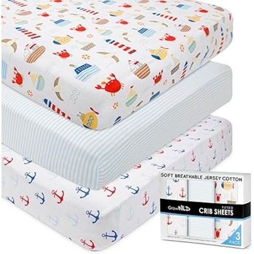 Fitted Nautical Crib Sheets (3 Pack) by Grow Wild - Jersey Knit Cotton Crib Sheets for Boys, Toddler Bed Mattress & Baby Boy Crib Bedding Set, Anchors and Ships with Stripes