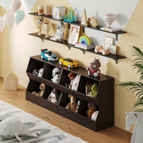 DINZI LVJ Kids Bookshelf, Toy Storage Organizer, Wooden Toy Cabinet, 4 Cubby Children Bookcase, 31.5" L Toddler Book Shelf for Bedroom, Nursery, Hallway, School, Espresso