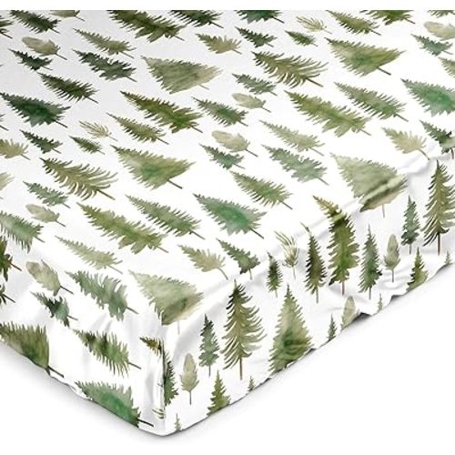 Sweet Jojo Designs Sage Green Woodland Boy Girl Gender Neutral Unisex Baby Satin Fitted Crib Sheet Infant Newborn Nursery Toddler Bed Room Forest Themed Nature Pine Tree Hunter Watercolor Trees Woods