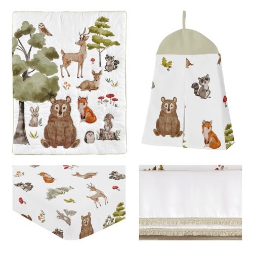 Sweet Jojo Designs Gender Neutral Unisex Baby Crib Bedding Set - Watercolor Woodland Forest Animals Green Brown White 4pc