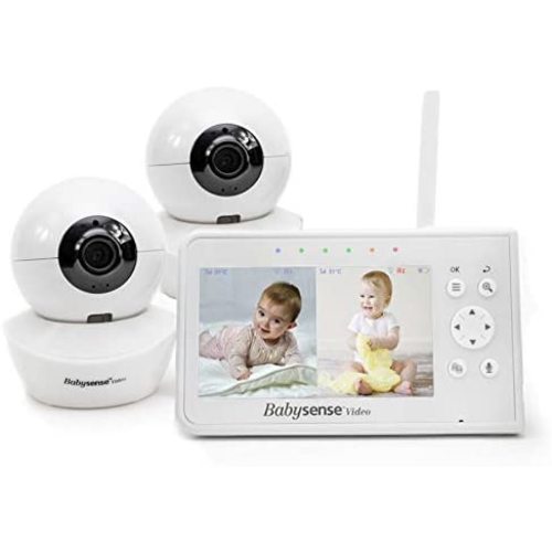 Baby Monitor, Babysense 4.3" Split Screen, Video Baby Monitor with Two Cameras and Audio, Remote PTZ, 960ft Range (Open Space), Adjustable Night Light, Two-Way Audio, Zoom, Night Vision, Lullabies - Monitor with 2 PTZ Cameras