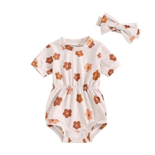 FOCUSNORM Baby Girl Summer Clothes Ribbed Short Sleeve Romper Solid Color Bodysuits Bow Headband Outfit Newborn Girl Jumpsuit