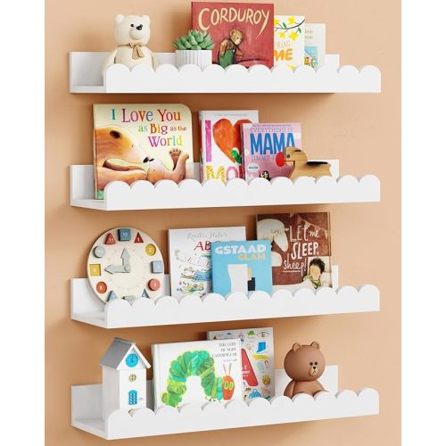 Scalloped Nursery Floating Shelves for Wall Set of 4, White Kids Book Shelves Wall Mounted, Cloud Hanging Bookshelf for Baby Toddler Child Girls Boys Room Bathroom Bedroom Toys (Pine Wood)