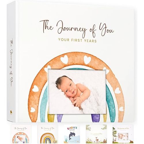 Baby Album Memory Book for Girl or Boy - First 5 Years Unisex Bohemian Rainbow Keepsake Journal to Log Newborn Milestone - Photo Album Scrapbook for Baby Shower - Unique New Parents Gifts for Couples