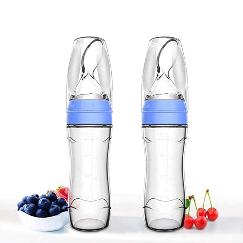 Baby Mate 2 PCS Silicone Baby Food Dispensing Spoon (Blue, 4oz/120ml, Ideal for 4 Months+ Babies) - Squeeze Feeder with Spoon - Spoon Bottle for Baby - Baby Spoon Feeder Bottle Baby Solid Food Feeder - 4 Ounce (120ml) - 2PCS: BLUE - Silicone Squeezable Bo