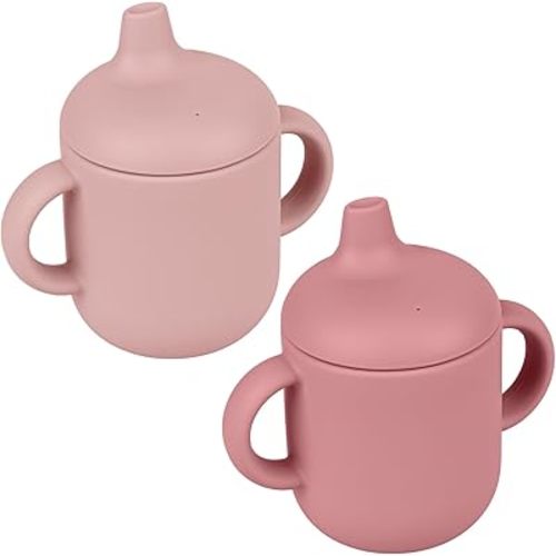 Silicone Baby Drinking Cups, Silicone Sippy Cups for 6-12 Months Toddlers - Pack of 2 Food Grade Silicone Traning Cups with Lids Grip Handle for Baby Led Weaning, 6 oz (Blush/Mauve)