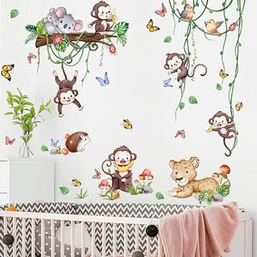 Safari Animals Wall Decals Green Hanging Vines Butterfly Wall Stickers Monkey Climbing Tree Mural Art Decor for Kids Baby Nursery Living Room Bedroom Wall