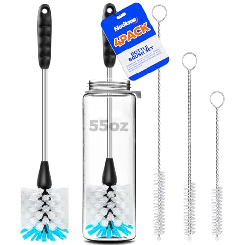 Holikme Bottle Brush Cleaner Set, 14" Long Handle Stainless Steel Bottle Cleaner Brush, 3 Straw Cleaner Brush, Bottle Cleaning Brush for Water Bottle, Cups, Abrasive Flat End Brushes, Straws White
