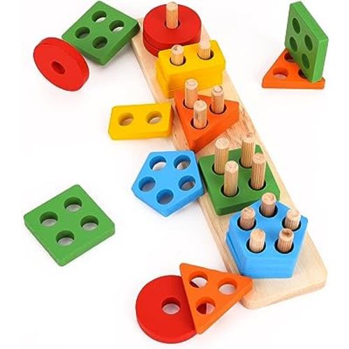 WTUST Montessori Toys for 1 2 3 Years Old Boys Girls,Toddler Learning Educational Wooden Sorting & Stacking Toys,Shape Sorter Color Stacker Toy Preschool Kid Puzzles Gifts 1-3