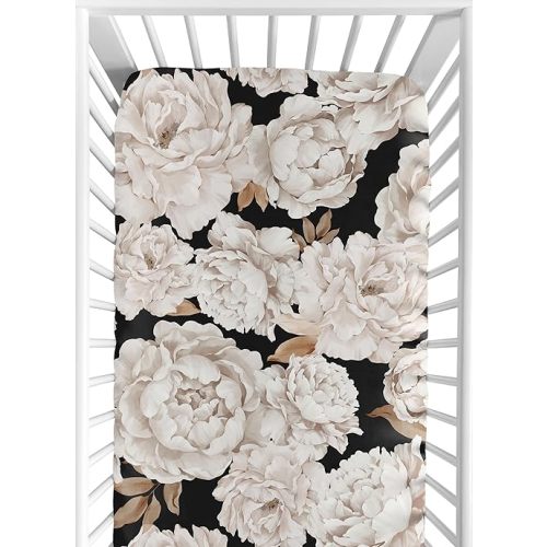 Sweet Jojo Designs Fitted Baby Crib Sheets (Shabby Chic Boho Floral) for Girls, Infant Nursery, Toddler Room - Standard Size (Black and White, Vintage, Flower, Watercolor, Garden, Bohemian, Farmhouse)