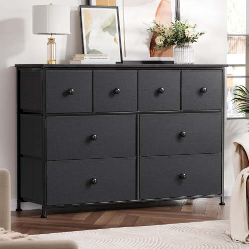 GUNAITO 8 Drawer Dresser Chest of Drawers for Bedroom Fabric Drawer for Kids and Adult Steel Frame and Wooden Top Black Grey