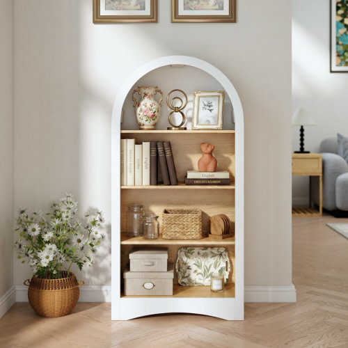 CONGXUJIAMR 47" Arched Display Shelf, 4-Tier Freestanding Bookcase with Woodgrain Shelves, Modern Open Storage Rack for Living Room, Bedroom & Entryway, White | Wayfair