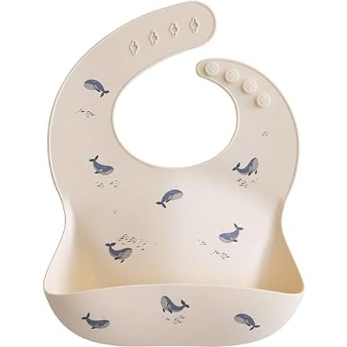 mushie Silicone Baby Bib | Adjustable Fit Waterproof Bibs (Whales)