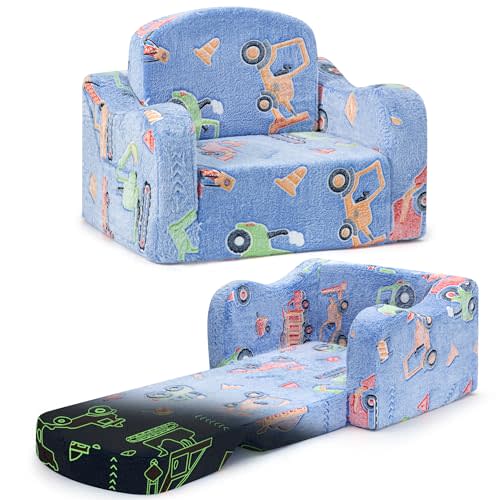 aodisman Thick Comfy Kids Chair and Couch,Foldable Plush Sofa with Pocket | 2-in-1 Convertible Kids Sofa for Playroom,Reading and Play,Gift for Boys & Girls,Removable Washable Cover,Blue Trucks