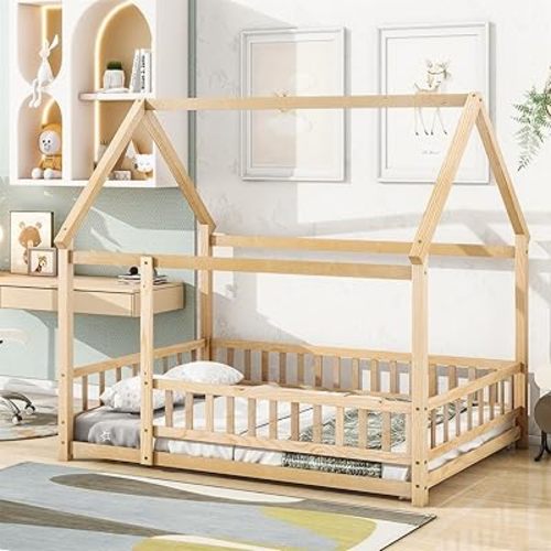 LLS Full Size House Bed with Fence, Wooden Montessori Bed with Roof Design, Floor Bed Frame for Boys Girls Bedroom, Natural