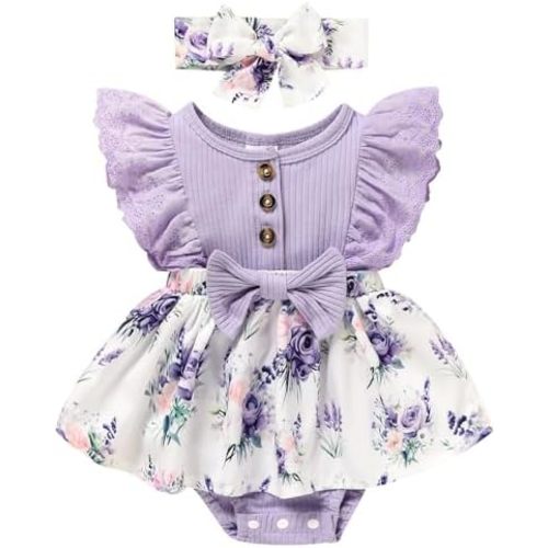 Sinhoon Baby Girl Clothes Newborn Ruffled Sleeveless Romper Floral Dreesy Bodysuit Heaedband 3pcs Baby Girl Summer Clothes