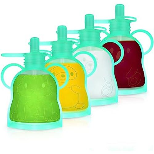 Morlike Refillable Silicone Baby Food Pouches, Reusable Squeeze Storage containers Bags with Straws for Toddlers Kids, BPA Free & Freezable, 4.5oz (Green - 4 Pack)