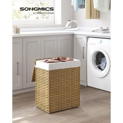 SONGMICS Slim Laundry Hamper with Lid, Synthetic Rattan Clothes Laundry Basket with Lid and Handles, Foldable, Removable Liner, Goose Yellow
