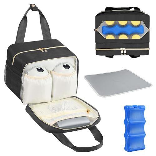 PIIOSER Breastmilk Cooler Bag with Ice Pack, Fits 6 Baby Bottles Up to 9 Ounce, Compatible with Wearable Breast Pumps & Accessories - Portable Pumps Carrying Case for Nursing & Working Moms, Black