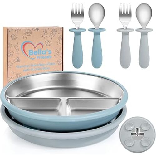 Bella's Friends Baby Feeding Set, 2 Pack Stainless Steel Divided Plate with Silicone Suction, 2 Set Spoons and Forks, BPA Free, Dishwasher Safe, Baby Led Weaning Supplies, Toddler Utensils, gray blue