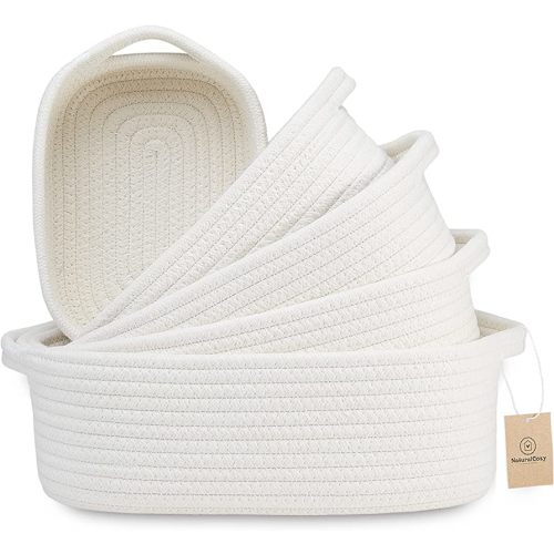 NaturalCozy 5-Piece Rectangle Storage Basket Set- Natural Cotton Rope Woven Baskets for Organizing! Small Basket for Montessori, Baby Nursery, Dog Toy Baskets, Cat Toy Box, Bathroom Organization Bin