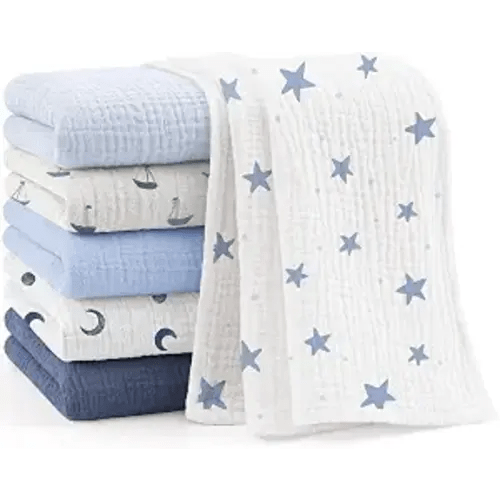 Bearmoss 6 Pack Muslin Burp Cloths for Baby, 100% Cotton Soft Large Burping Cloths for Unisex, Boy, Girl, 23.6" X 23.6" Newborn Essentials Absorbent Milk Spit Up Rags (Blue)