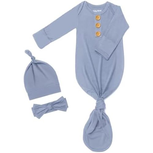 Soft Newborn Knotted Gown with Hairband and Hat, Baby Boy Girl Coming Home Outfit, Sleeper Baby Sleep Gown with Mittens