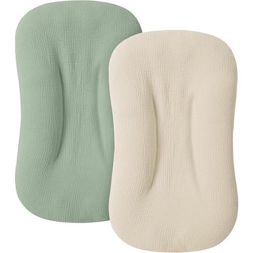 Muslin Baby Cover for Newborn, Soft and Breathable 100% Cotton Lounger Slipcover Neutral, Pack of 2(Green, Ivory)