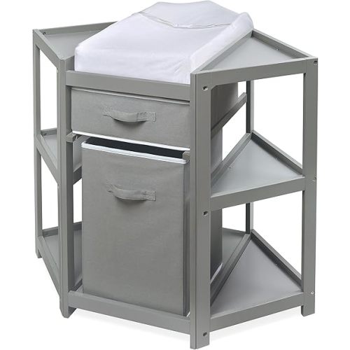 Badger Basket Corner Diaper Changing Table with Laundry Hamper, Storage Bin, and Contoured Pad for Baby - Gray