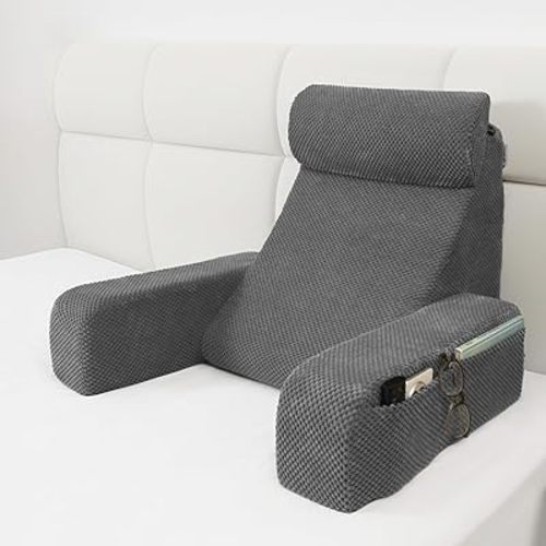 Vekkia Reading Pillow,Back Pillow for Bed Sitting Up Adult,Backrest Support Pillow with Build-in Arms & XL Pockets,Rest Chair for Reading,Gaming,Relaxing,Working or Watching TV in Bed/Floor-19'' Grey