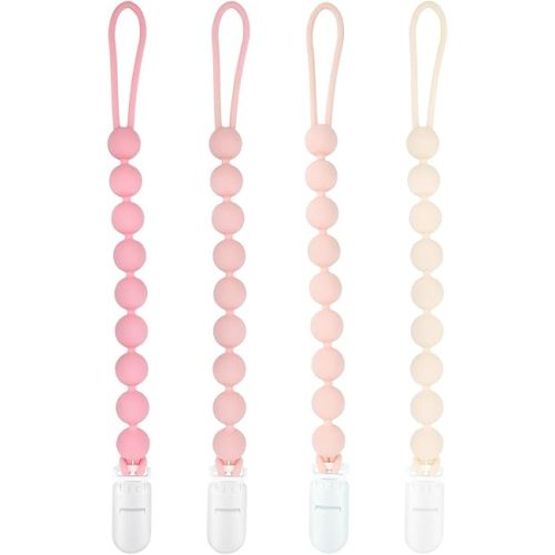 Baby Girl Newborn Essentials, 4 Pack Silicone Pacifier Clips for Girls, One Piece Flexible Soft Binky Clips Baby Stuff and Gifts for Girls