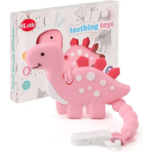 Baby Teething Toys for Babies 3-6 6-12 Months, Dinosaur Teether Pain Relief Toy with One Piece Design Pacifier Clip Holder Set, Freezer Safe Neutral Shower Gift for Boys and Girls (Pink)