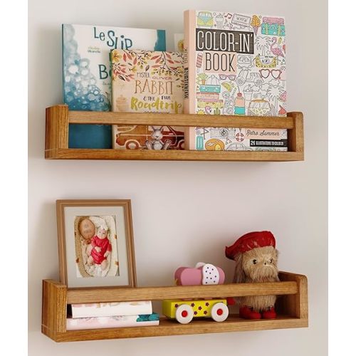 Heimlove Nursery Floating Shelves, Nursery Book Shelves for Wall, 16 inch Wall Bookshelf for Kids Solid Wood Wall Mounted Shelves for Books,Toys and Decor Storage, Set of 2