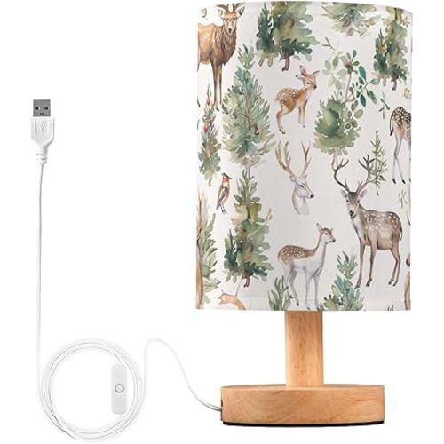 Bedside Table Lamp Woodland Animals Deer Nightstand Lamp with Wood Desk Lamps for Bedroom Living Room Nursery Office Home Decor
