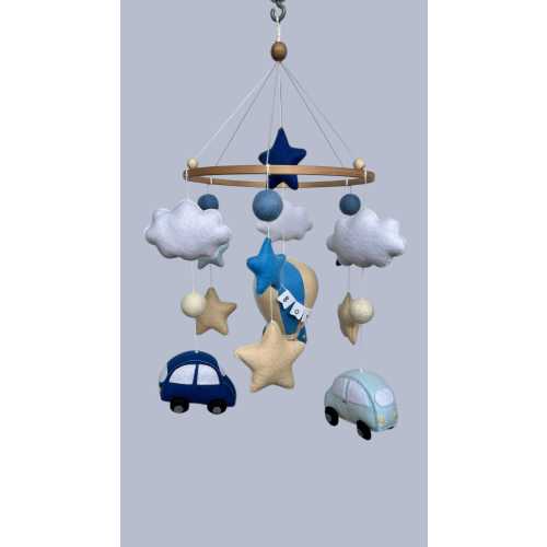 Felt mobile car, Crib mobile with music box, Blue nursery crib mobile, Handmade baby mobile, Mobile with hot air balloon, Pregnant mom gift