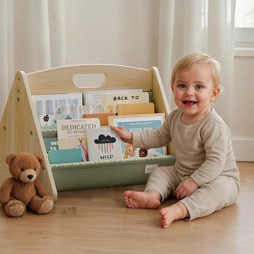 ZICOTO Decorative Wooden Bookshelf with Handle for Kids Rooms - Keeps Books Neatly Organized & Within Reach for Toddlers - Easy Install Montessori Book Shelf for Baby's Bedroom or Playroom Decor