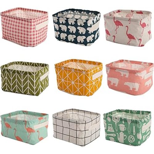 Lawei 9 Pack Mini Canvas Storage Bins - Collapsible Canvas Shelf Basket Nursery Organizer Box with Handles for Nursery Kids Bathroom Home Office