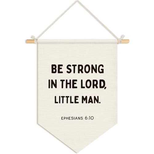 Wheatwin Christian Nursery Decor, Christian Wall Decor for Toddler Baby Little Boys Bedroom Playroom,Be Strong in the Lord Little Man Bible Verse Wall Hanging Pennant Flag Banner, 15x11 Inch