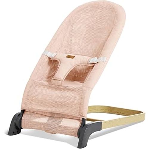 Foldable Baby Bouncer, Baby Seat with 3 Adjustable Heights, Portable Newborn Rocker, Ergonomic Baby Bouncer Seat for Natural Bounce, Bouncer for Babies 0-6 Months, Breathable Mesh (Pink)