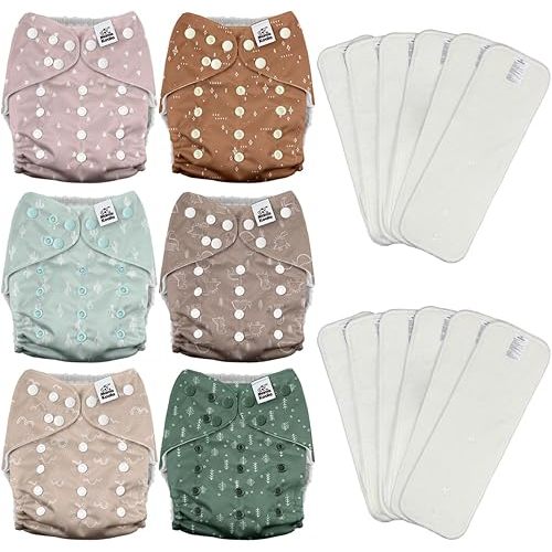Mama Koala 3.0 Cloth Diapers for Babies with AWJ Lining, 6 Pack with 12 5-Layer Bboo(No Microfiber) Cloth Diaper Inserts - Reusable and Washable Pocket Diapers(12-My Warm Heart)