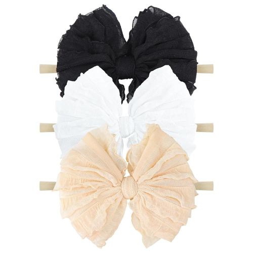 Baby Girl Headband with Bows, 3Pcs Nylon Hair Accessories for Infant, Toddler Girls, Black, White, Beige - HAIRBAND