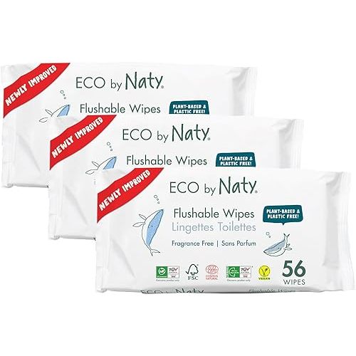 Eco by Naty Flushable Baby Wipes - Compostable and Plant-Based Wipes, Chemical-Free and Hypoallergenic Baby Wipes Safe for Baby Sensitive Skin, 56 Wipes Per Pack (3 Pk)